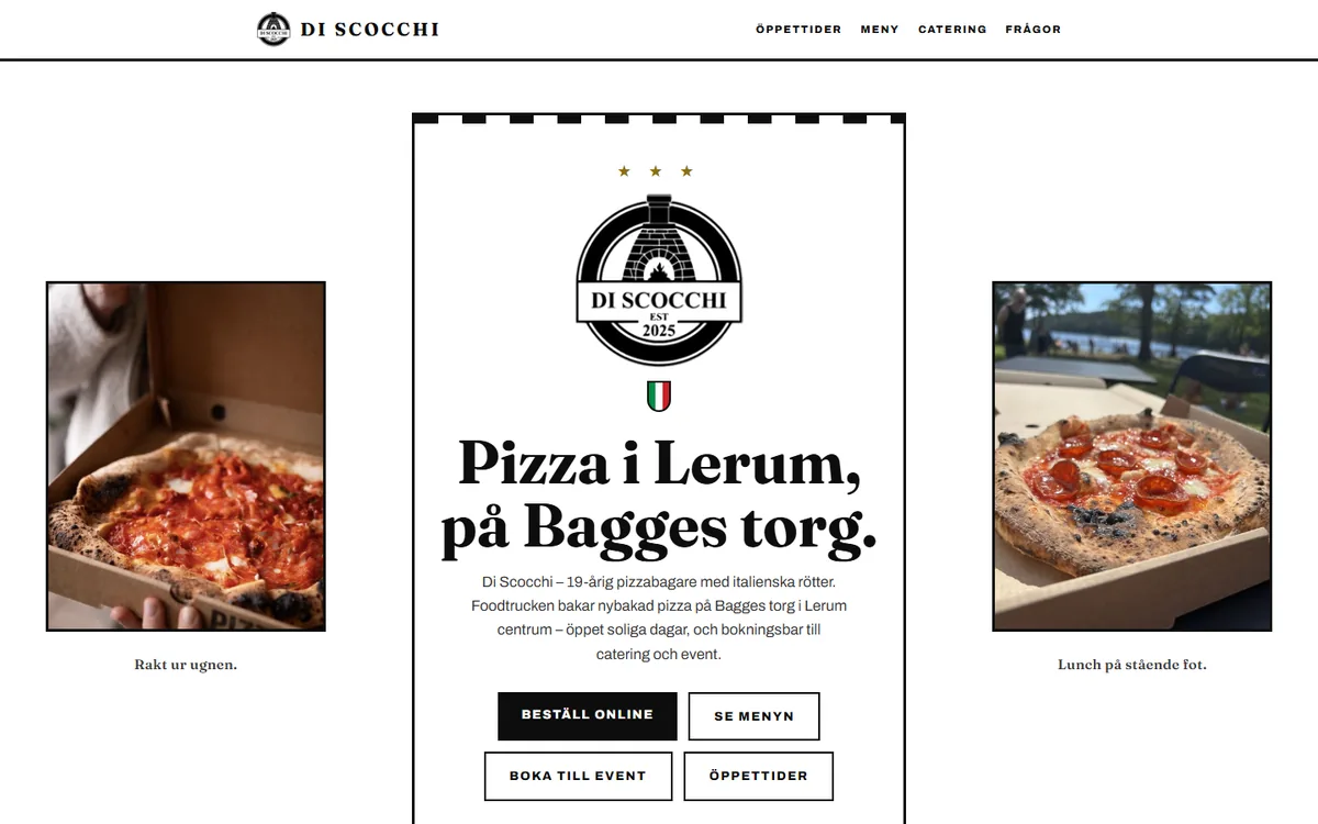 Startsidan på discocchi.se: rubriken Pizza i Lerum, på Bagges torg, logotyp och bilder på nybakad pizza