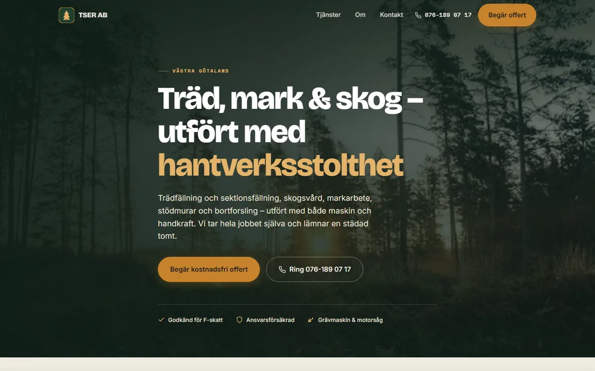 Startsidan på tserab.se: rubriken Träd, mark och skog – utfört med hantverksstolthet över en skogsbild, med knappar för offert och telefon